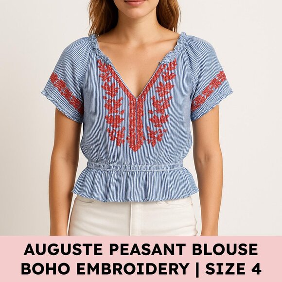 Auguste Cotton Striped Embroidered Boho Peasant Blouse Festival Top Size Small - Picture 1 of 11